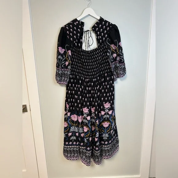 Anthropologie Dasha Smocked Midi Floral Tie Bohemian Dress Size Large - Picture 7 of 17